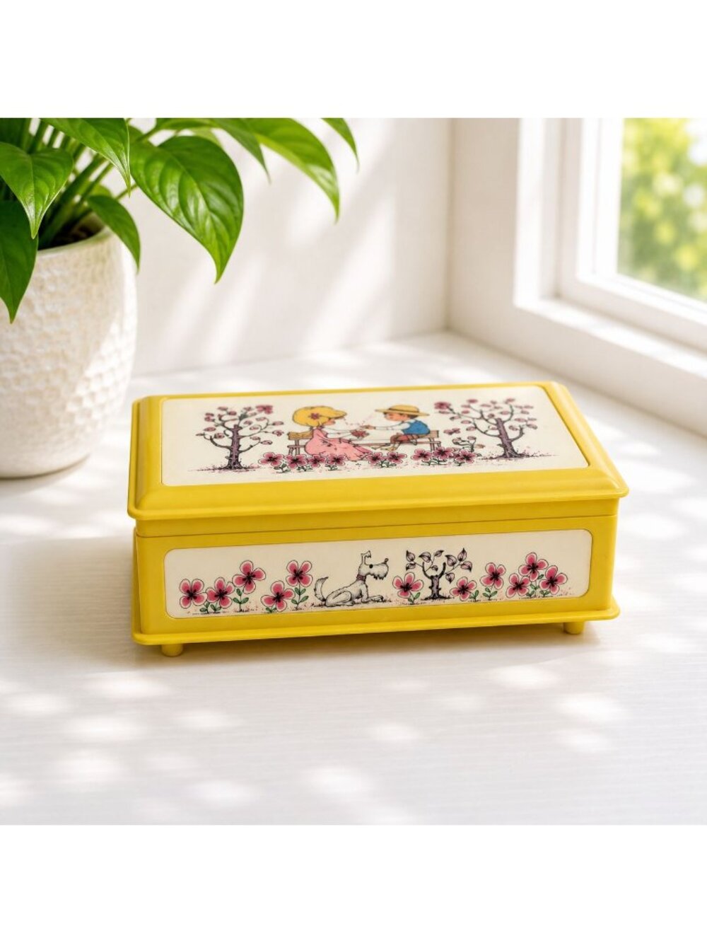 Vintage Yellow Music Jewelry Box With Mirror & Red Lining - Laras Theme Design L
